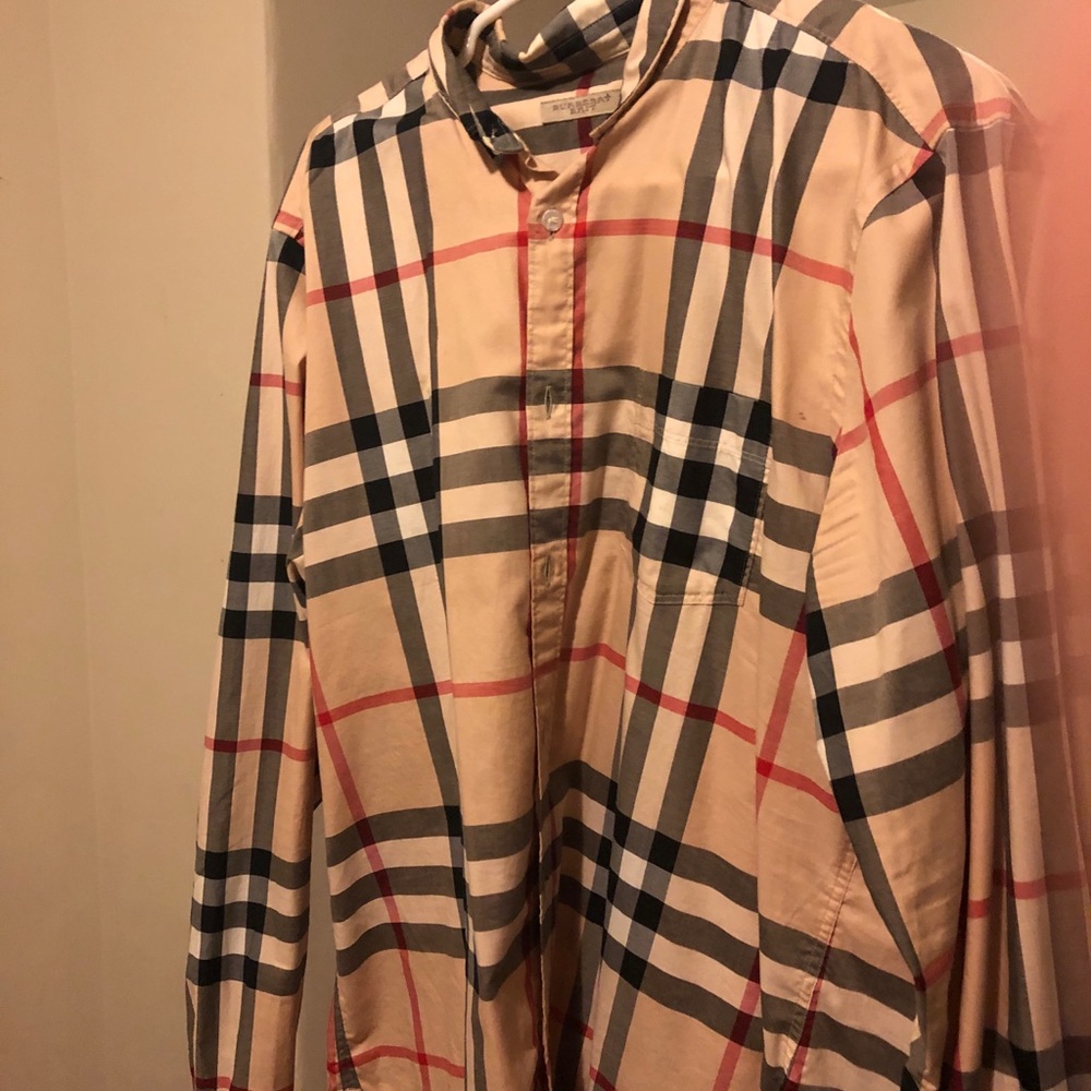 Burberry Beige and Red Plaid Casual Button Down Shirt
